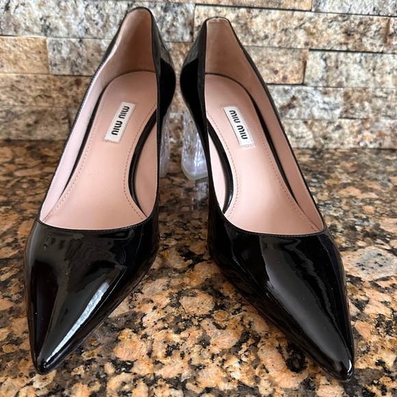 MIU MIU PRADA BLACK PATENT LEATHER CRYSTALS HEEL PUMPS - Picture 4 of 8
